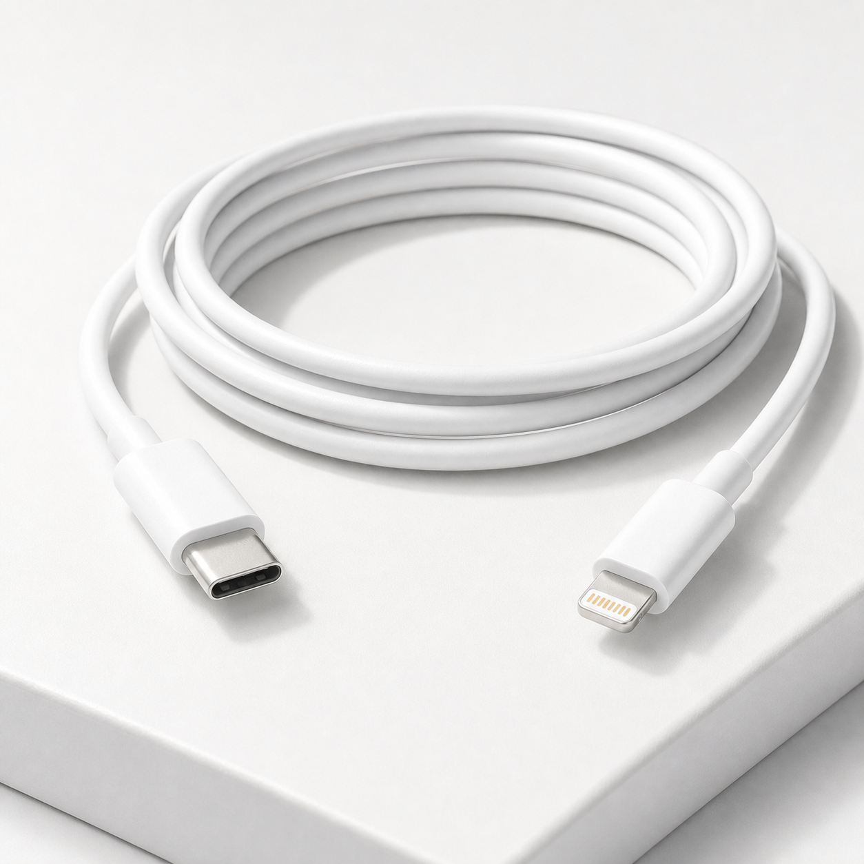 Detaljbilde av USB-C- og Lightning-kontaktene på Voltura-kabelen