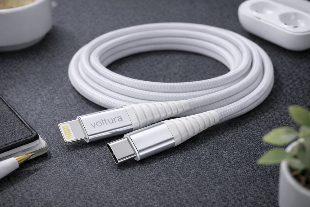 Detalj av Voltura Braided Core ladekabel
