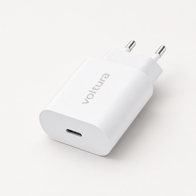Voltura 20W Slim USB-C-hurtiglader med EU-plugg og grått ordmerke