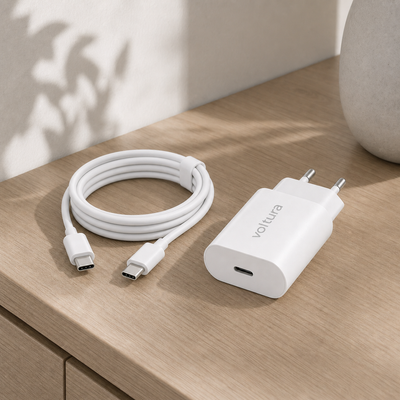 Voltura 20W USB-C-lader og kabel i bruk på et moderne skrivebord