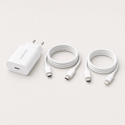 Voltura 3-i-1 Ladepakke med 20W Slim USB-C-lader, flettet USB-C-kabel og Lightning-kabel