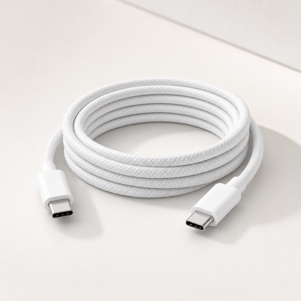 Detaljbilde av flettet kabelkappe og USB-C-kontakter på Voltura Braided Core