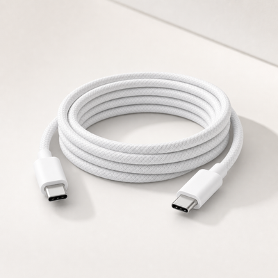 Detaljbilde av flettet kabelkappe og USB-C-kontakter på Voltura Braided Core