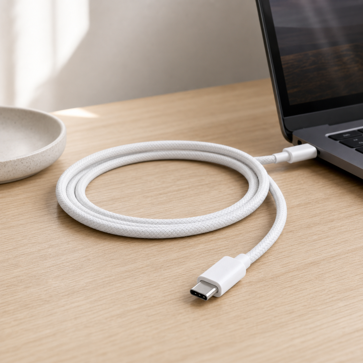 Voltura Braided Core USB-C-kabel i bruk på et ryddig skrivebord